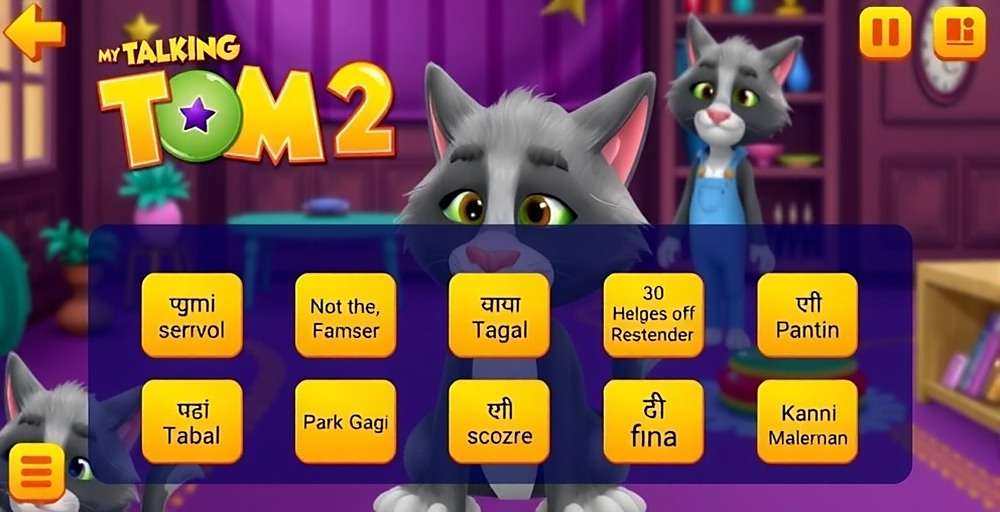 My Talking Tom 2 - Indian Version showing language selection screen with various Indian languages