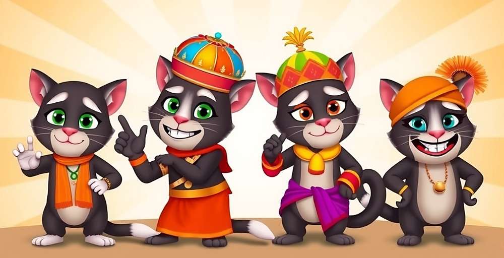 My Talking Tom 2 - Indian Version showing regional variations with Tom in different traditional attires from North, South, East, and West India