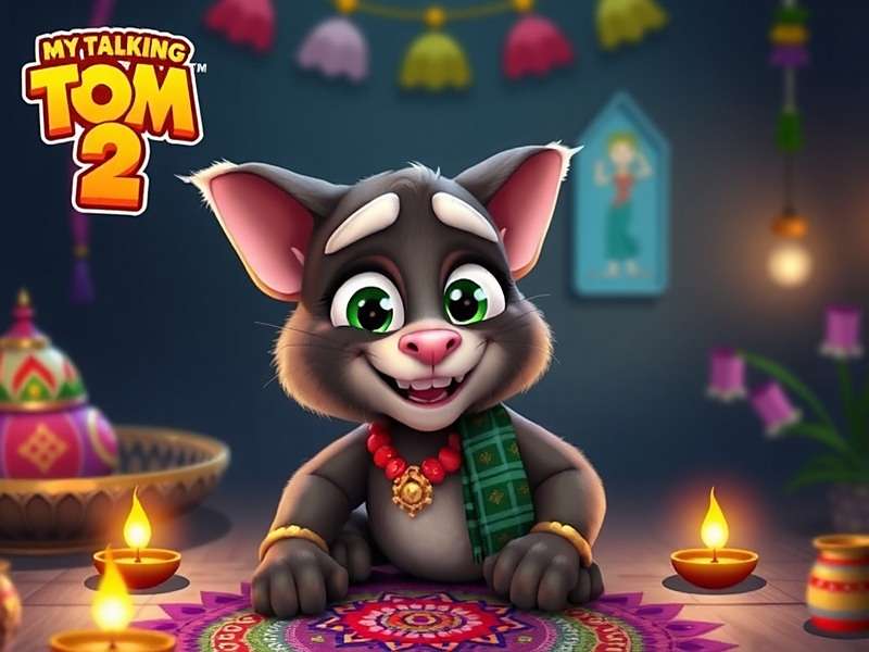 My Talking Tom 2 - Indian Version showing Diwali celebration with Tom in traditional clothes, diyas, and rangoli