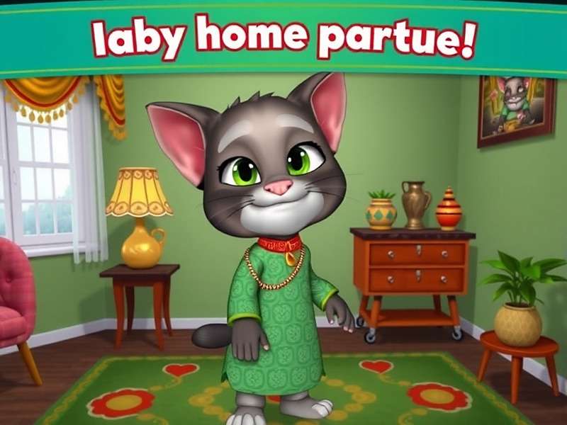 Gameplay screenshot of My Talking Tom 2 - Indian Version showing Tom in traditional kurta with Indian home decorations